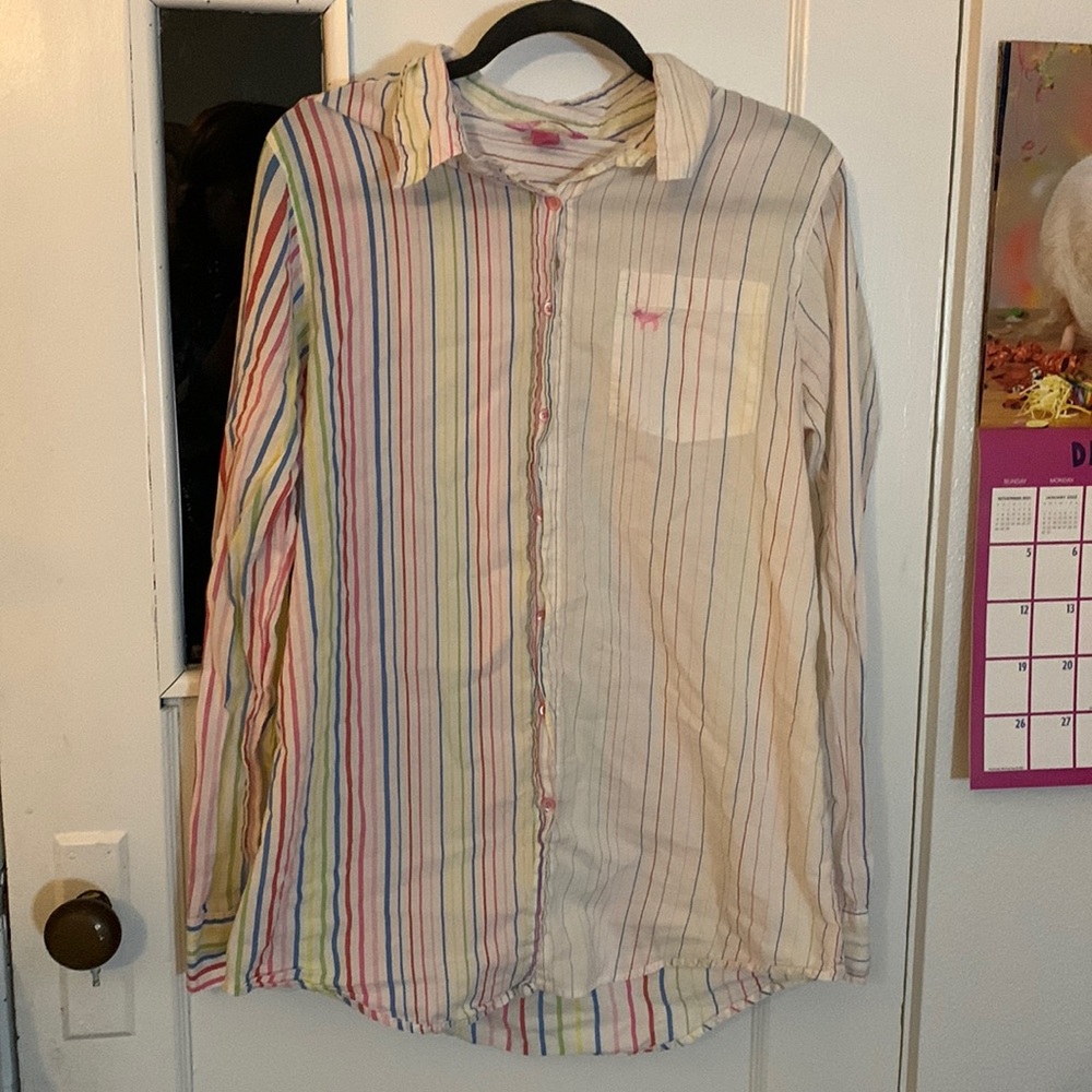 Pink Victoria’s Secret pj button up.